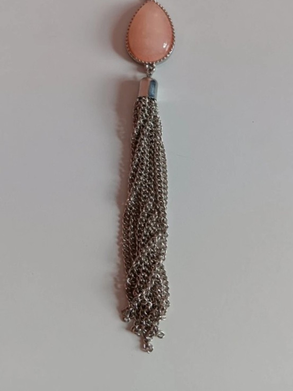 Vintage Pink Rose Quartz Silver Tone Teardrop Chain Tassel Statement Pendant